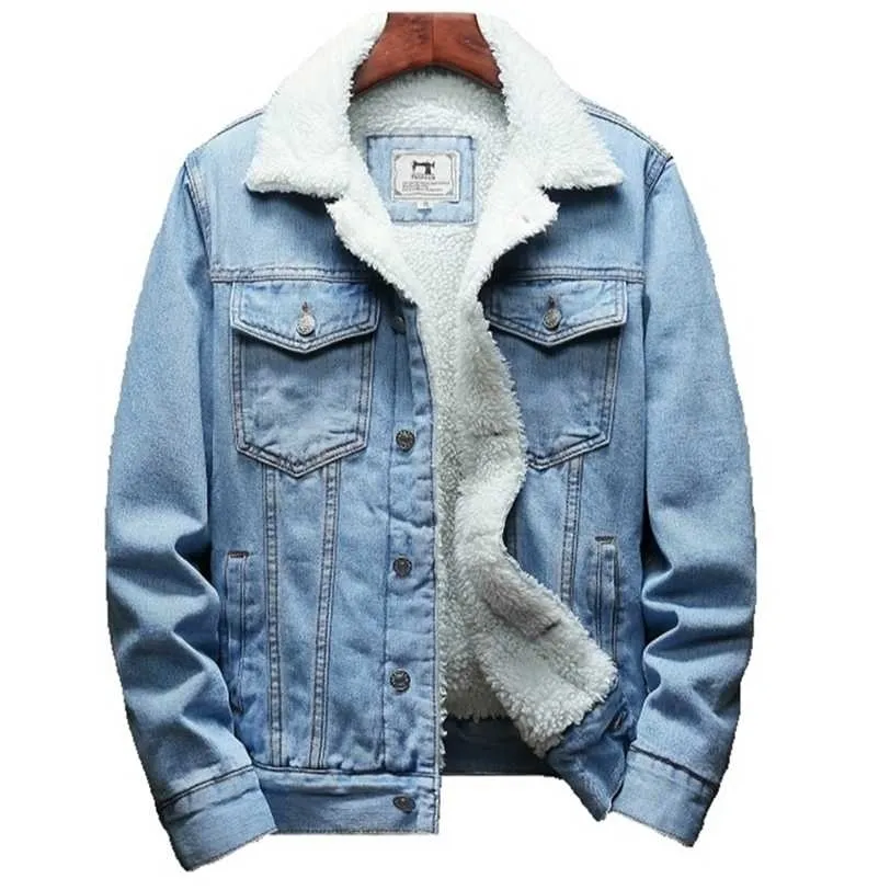 겨울철 재킷 남자 따뜻한 데님 코트 패션 카우보이 겉옷 라이너 두꺼운 양털 재킷 블랙 블루 플러스 크기 6xl 211227