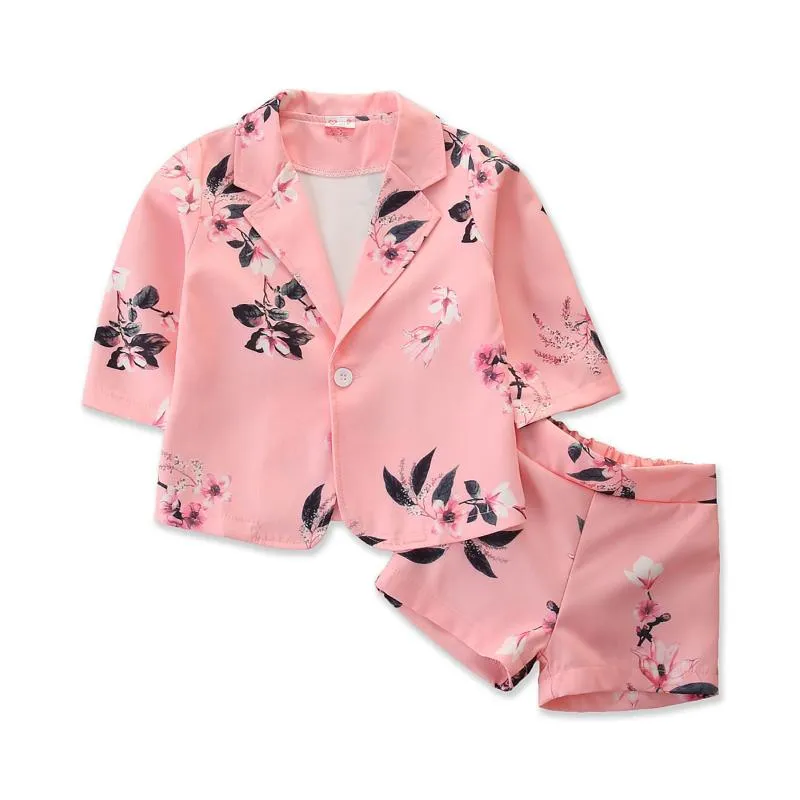 Kläderuppsättningar 2021 0-5y Fashion Kids Baby Girl Floral Print Pink Button Coats Top+Shorts Toddler Autumn Girls Suit 2st.