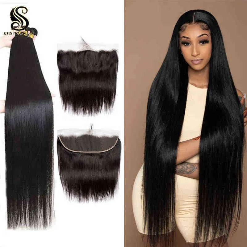 Hair Extensions Pieces Sedittyhair-mechones Rectos Brasileos Con Frontal 28 30 Pulgadas 13x4 Extensiones De Cabello Humano Frontal Baratas 220222