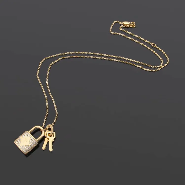 Europe America Fashion Style Lady Women Titanium steel Necklace With Engraved V Initials Full Diamond Lock Double Keys Charm
