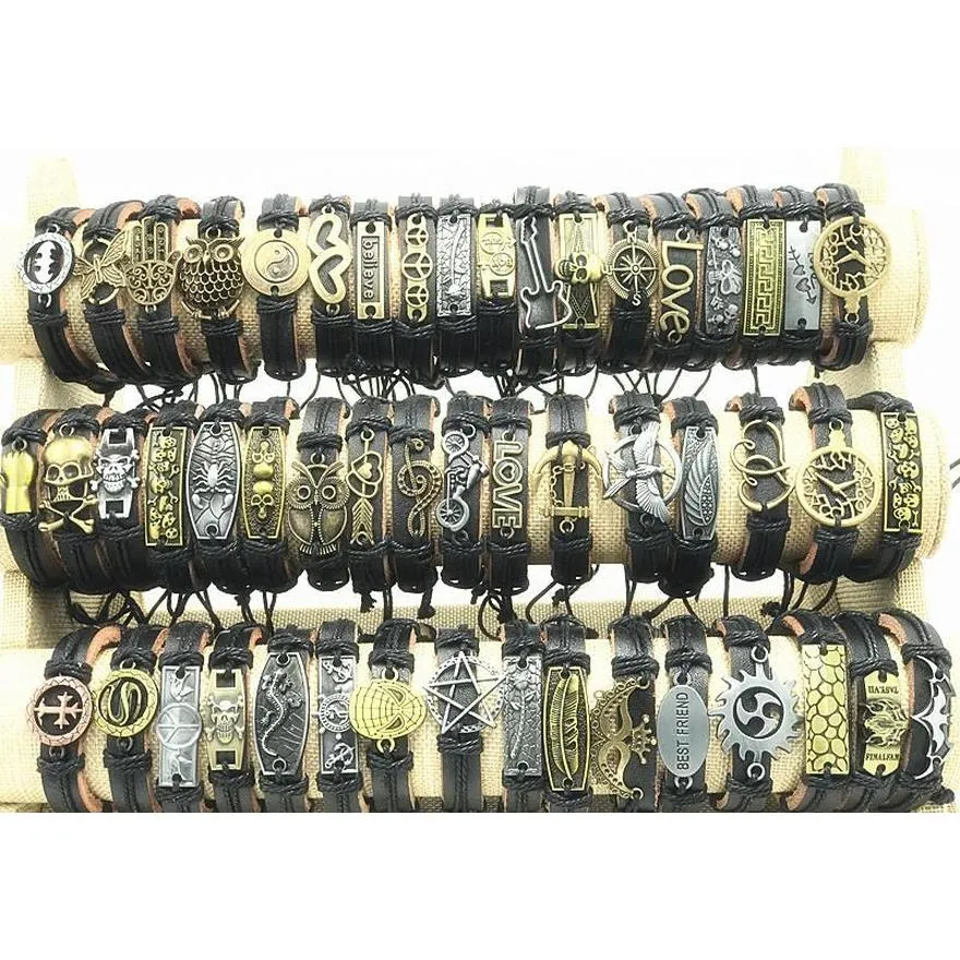 200pcs/lot mix style metal leather cuff charm bracelets for men`s women`s jewelry party gifts bangle shipping