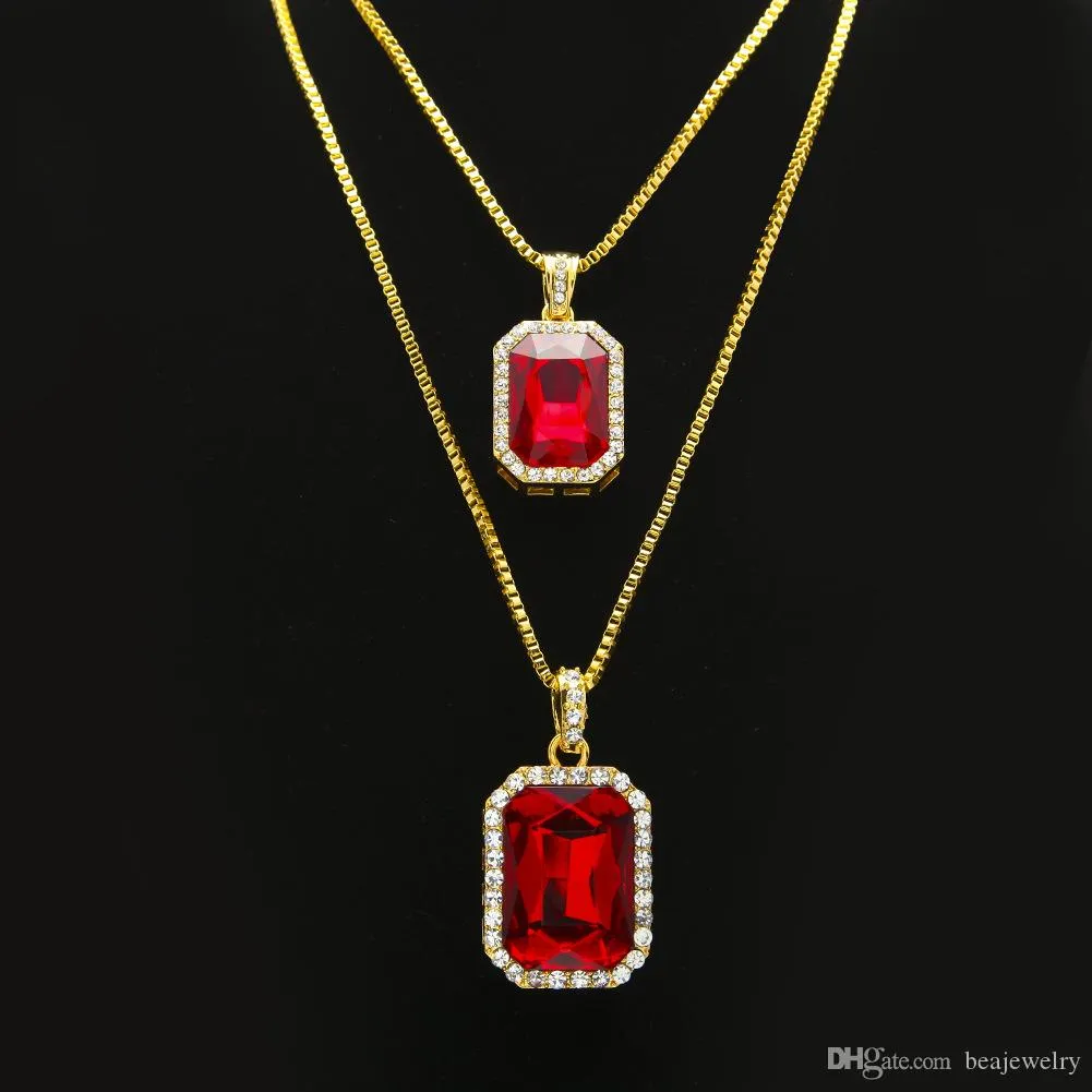 Ruby Necklace Set Silver Gold Plated Iced Out Square Red Ruby Bling Rhinestone Pendant Necklace Hip Hop Jewelry Box Chain