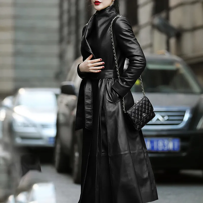Womens Spring Trench Coat Elegant Longline Faux Leather Coat