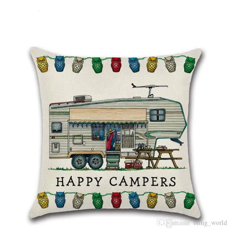 Happy Campers Pillow Case Linen Square Throw Pillows Cover Sofa Cushion Covers with Zipper Closure Home Decoration 20 Designs YW897