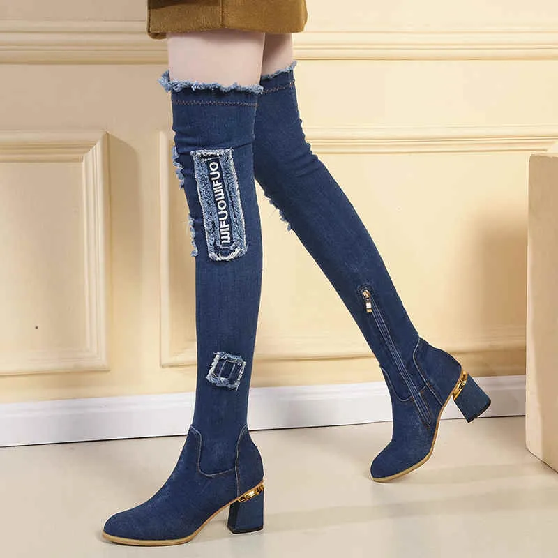 Hot Sale-Denim Mulher Botas Tamanhos botas de inverno para as mulheres sapatos Over-the-knee para 2020 bota alta da coxa Apontado Senhora Calçado