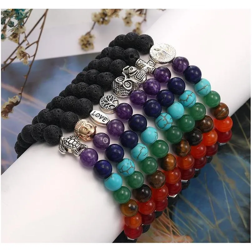 handmade 8mm 7 chakras natural lava stone beads bracelet for men buddha head tree of life owl elephant charm bracelet fashion jewelry