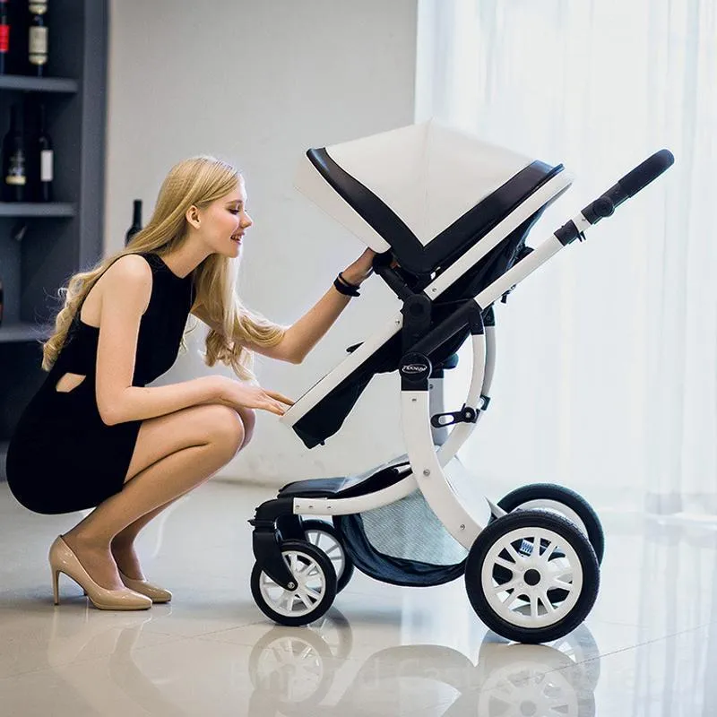 Stroller de bebê de luxo 3 em 1,2020 novo carrinho de bebê de couro pu e assento de carro, alto paisagem portátil portátil, branco pram1