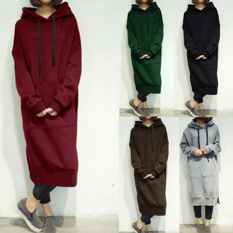 Women's Hoodies & Sweatshirts S-5XL Casual Spring Autumn Women Long Pullover Fleece Hooded Plus Size Sweatshirt Dress Solid 6 Colors Oversiz