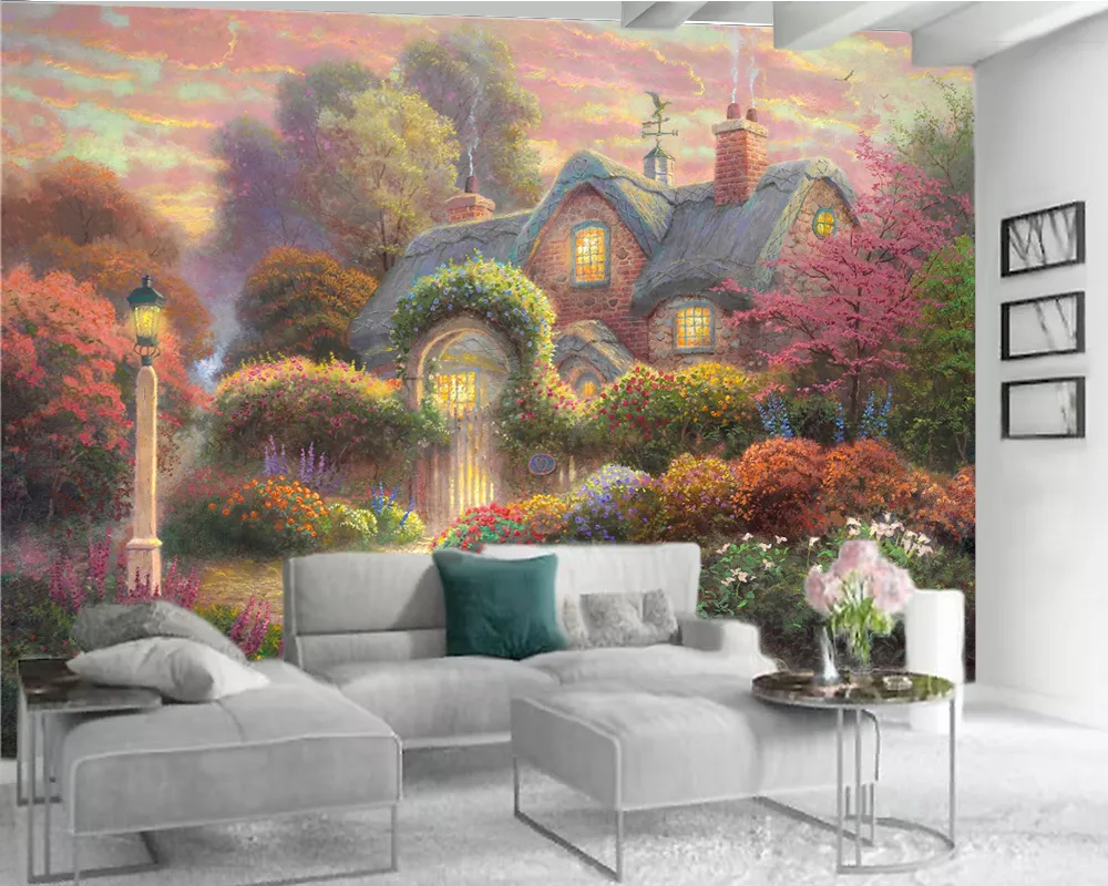 ヨーロッパの3Dの壁紙美しい家の夢のような花の森のロマンチックな風景装飾的なシルククラシック3D壁紙
