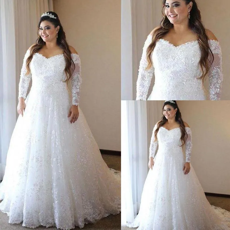 Plus Size Wedding Dresses Off Shoulder Sheer Long Sleeves 2020 Latest Bridal Gowns A Line Illusion Back Sweep Train African Wedding Dress