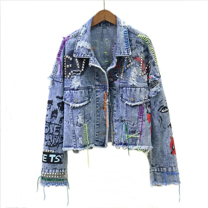 Mulheres jaquetas 2024 denim jaqueta primavera outono graffiti rebite jean feminino buracos moda menina outerwear casaco