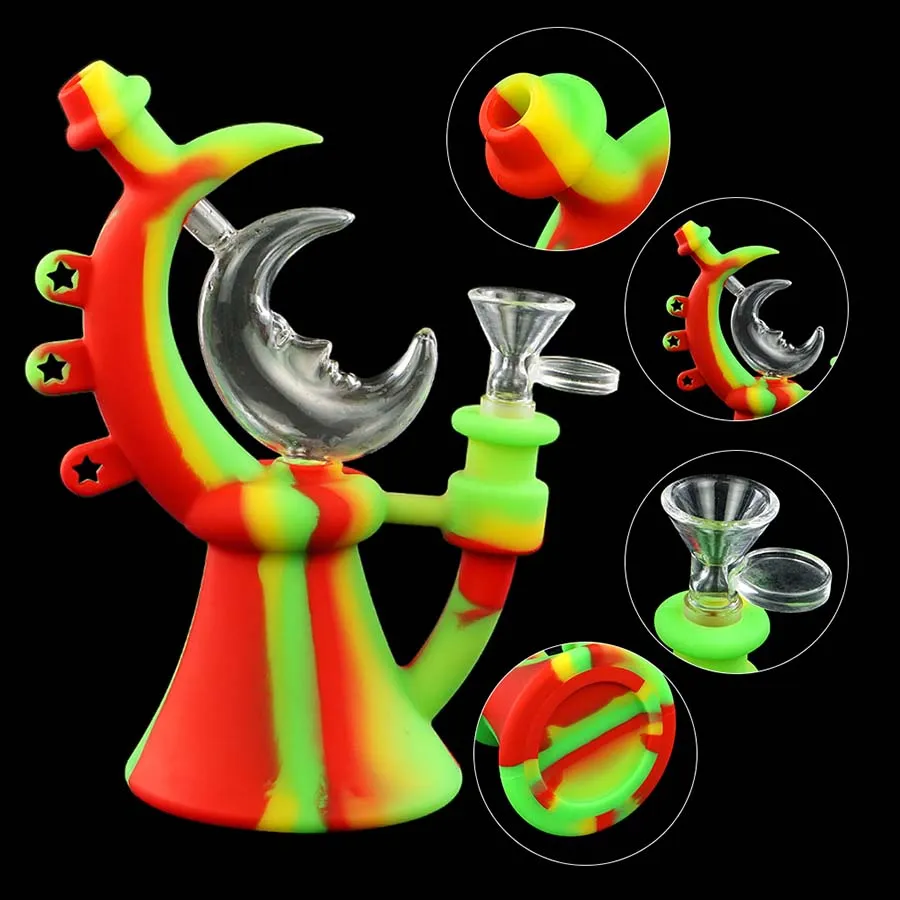 Hookahs YHSWE Silicone Water Pipe Moon Shape Colorful Hookah Smoking Pipe Dab Rig Accessories