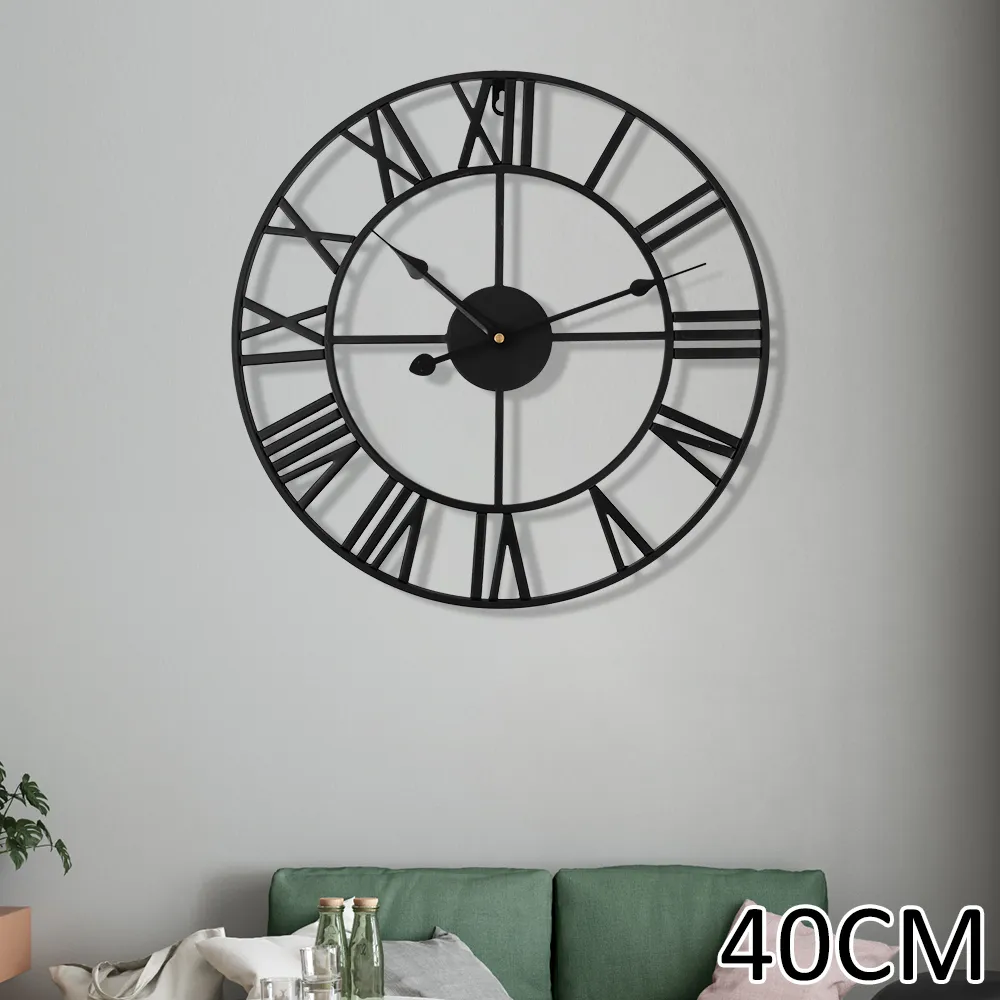 40 centimetri grande orologio da parete da giardino all'aperto orologi da parete numeri romani in metallo nordico retro ferro faccia tonda nero decorazione home office LJ201204