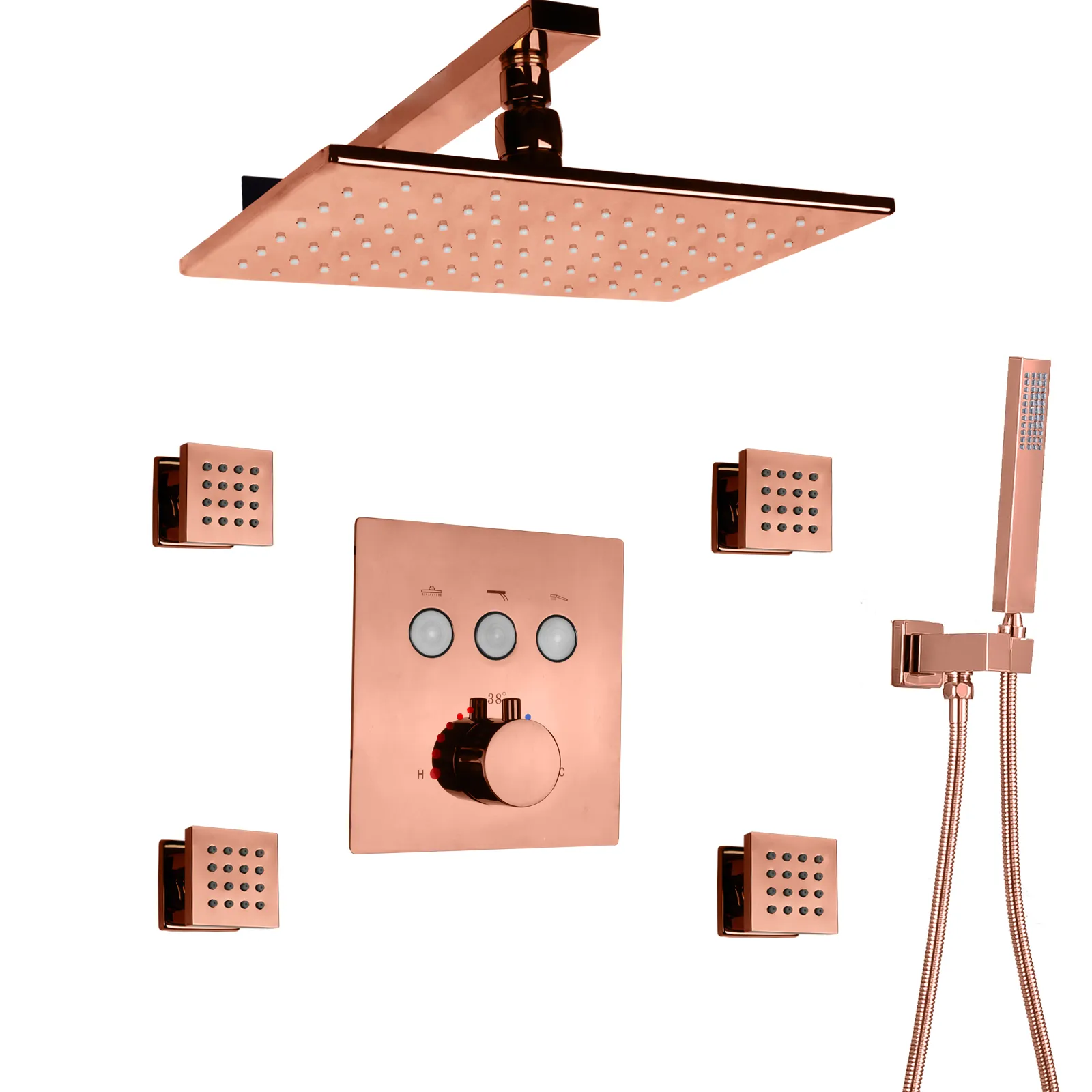 Thermostatic Rose Gold LED Shower Head System With Push Button And