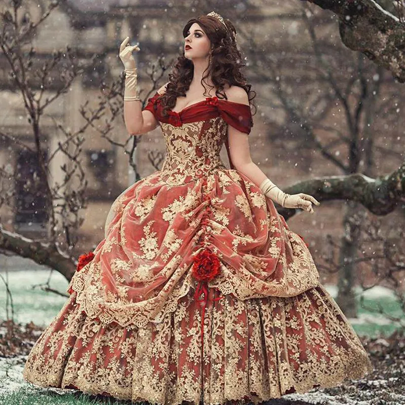 Gothic Prom Quinceanera Dresses Vintage Red And Gold Lace Tiered Sweet 16 Dress Medieval Ball Gown Victorian Halloween Medival Renaissance 15 Brithday