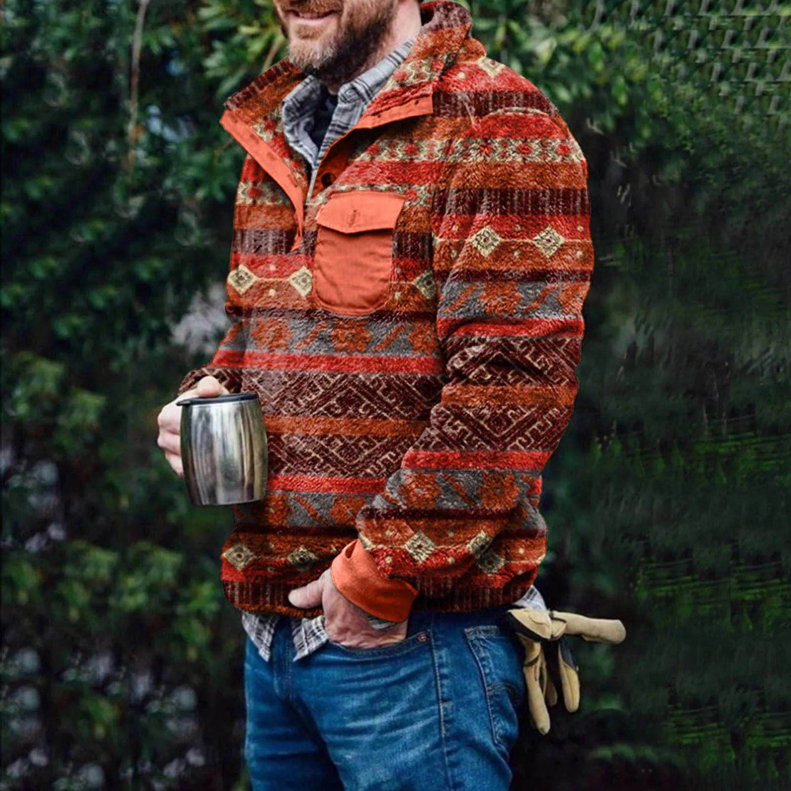 Mens Fleece Jackets Plak Aztec 인쇄 Quarter Zip 버튼 Fuzzy Sherpa 풀오버 스웨터 따뜻한 겨울 겉옷 SH220111