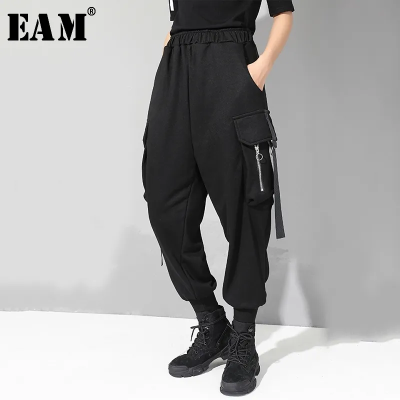 [EAM] Nouveau Printemps Automne Taille Haute Élastique Noir Poche Split Joint Ruban Lâche Harem Pantalon Femmes Pantalon De Mode JQ015 201109