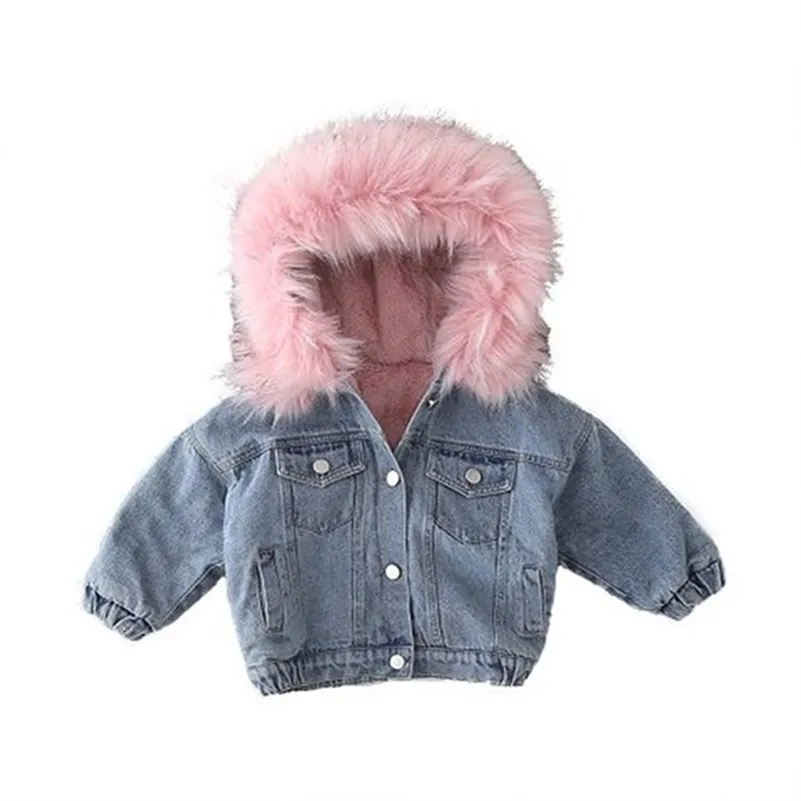키즈 데님 재킷 코트 따뜻한 부드러운 옷 뜨거운 여자 겨울 벨벳 짙어지는 어린이 데님 큰 모피 칼라 코트 LJ201017