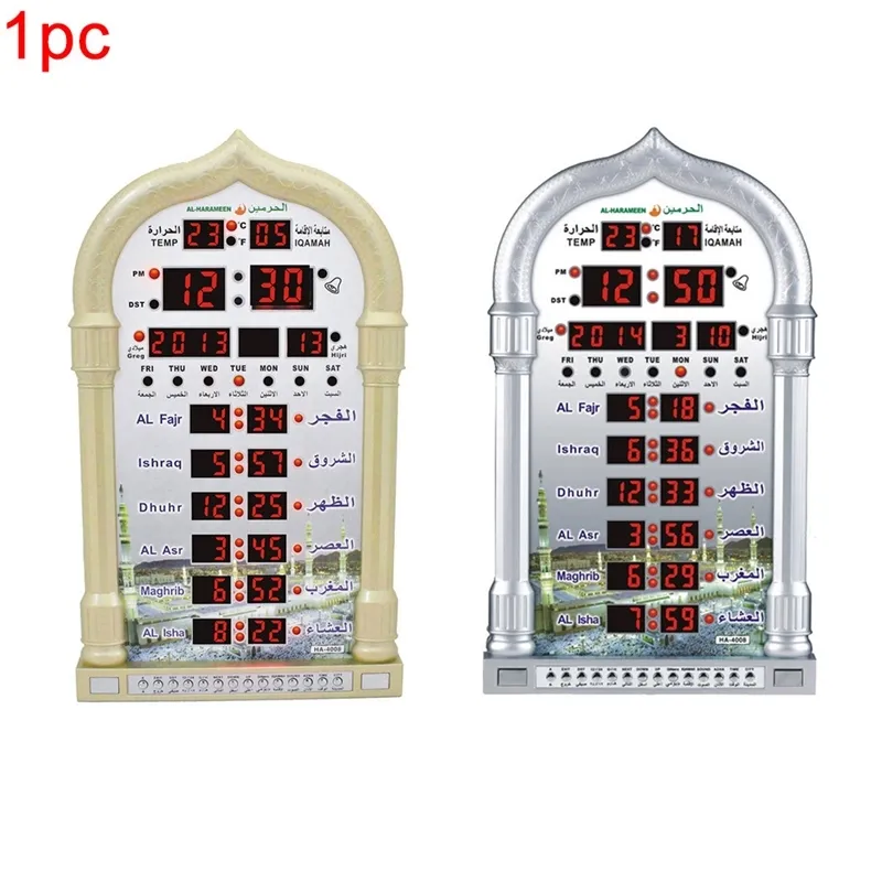 Исламский LED AZAN Clock Music играет в подарок настенный стол мечеть мусульманский молитвенный календарь домашнего декора времени напоминание Ramadan Automatic Y200407