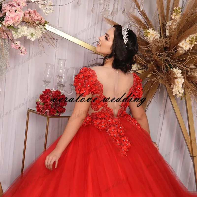 Rode baljurk quinceanera jurken 2021 ronde hals zachte tule bloemen zoete 16 jurk vestido de 15 anos vestidos de quinceaneras