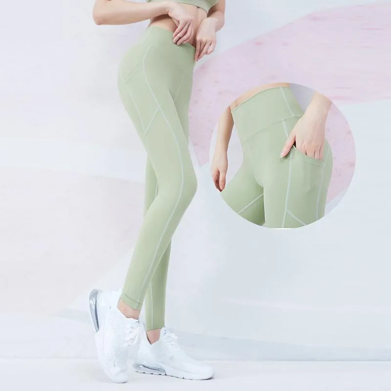 Vansydical Effen Running Panty met Zakken Dames Rekbare Yoga Leggings High-waisted Jogging Gym Broek Tummy Control1275P