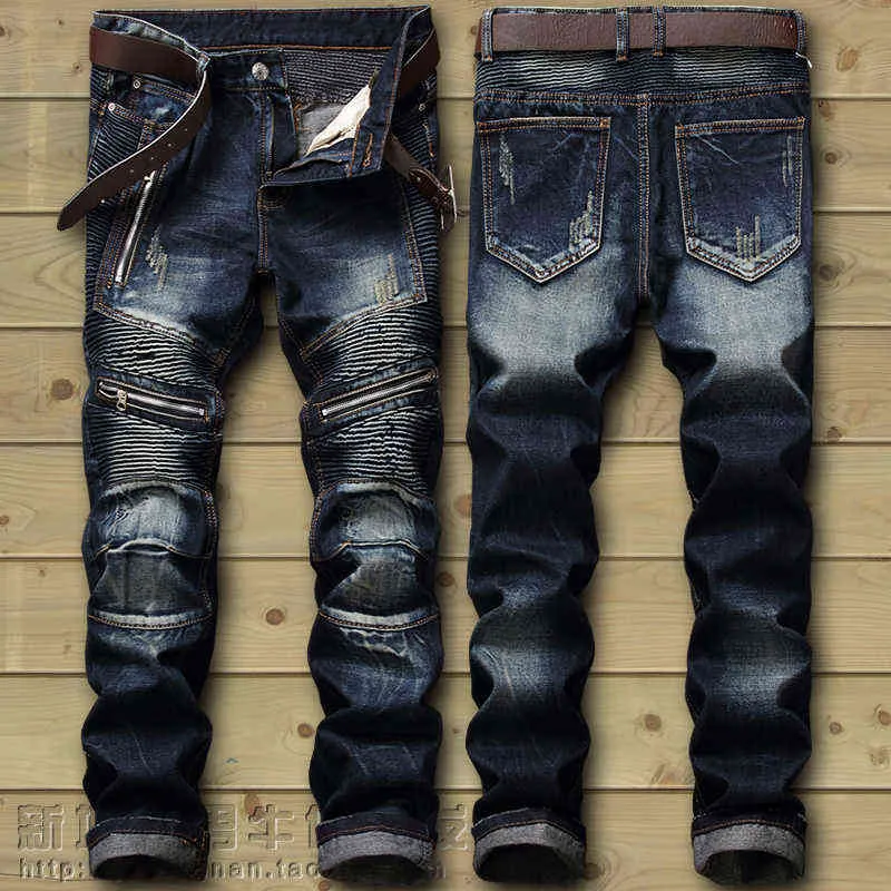 Dropshipping Moda Yeni Biker Jeans erkek Sıkıntılı Streç Yırtık Hip Hop Slim Fit Delik Punk Denim Pamuk Pantolon X220214