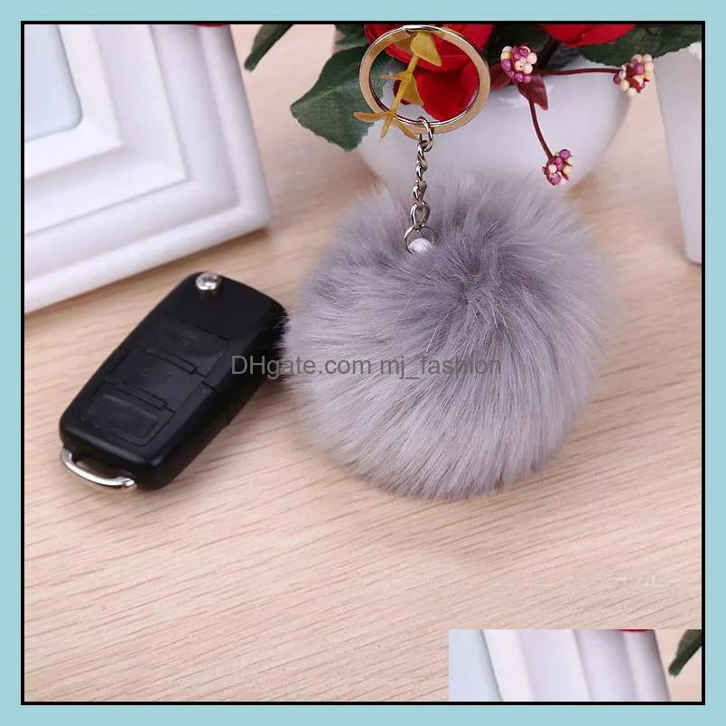 Fashion Faux Rabbit Fur Ball 8CM Plush Keychain Silver Metal Fur Ball Key rings Bag Pendant Car Keychain