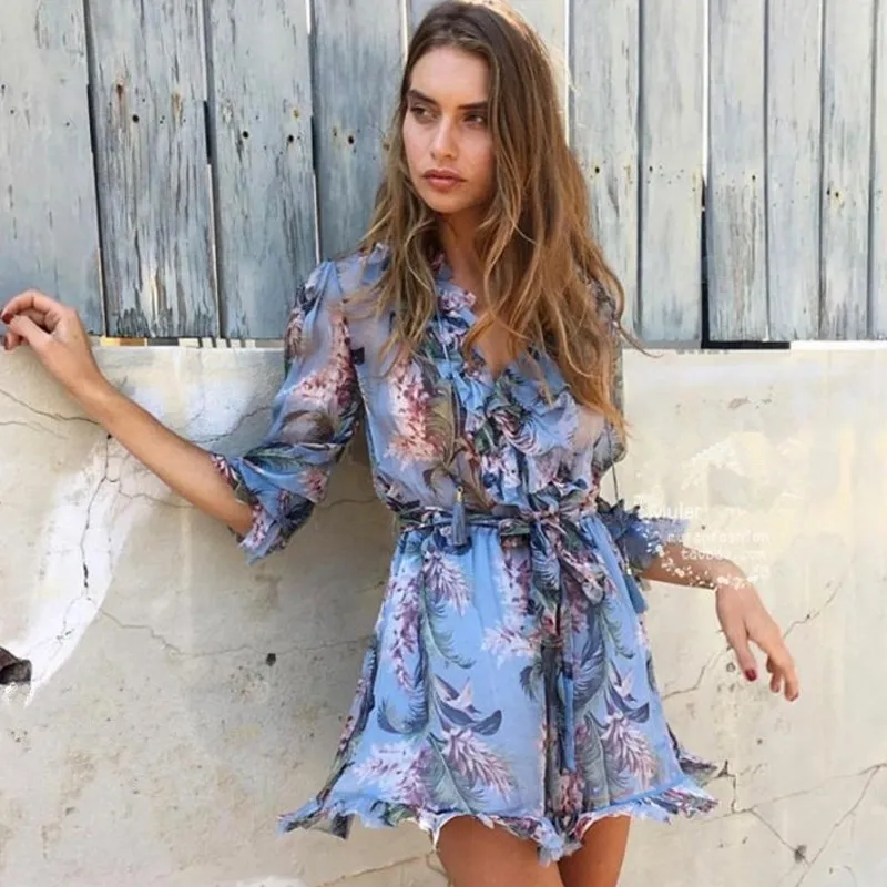 2019 Runway Self Portrait Women Rompers Fashion Blue Print Floral Long Sleeve Silk Sexy Female Outfits Sashes Beach Jumpusits T200704
