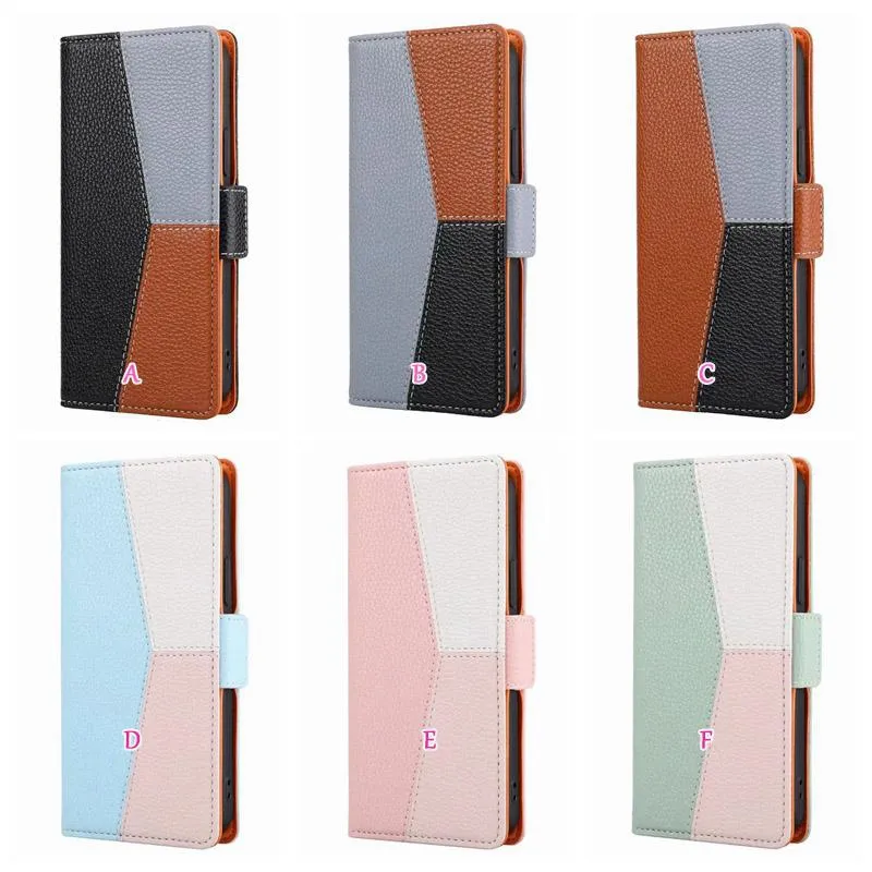 Litchi Hybrid Color PU Leather Wallet Folio Cases For Samsung Galaxy S22 Ultra Plus A12 5G A22 4G Leechee Hit Contrast Credit ID Card Slot Holder Flip Cover Pouch Strap