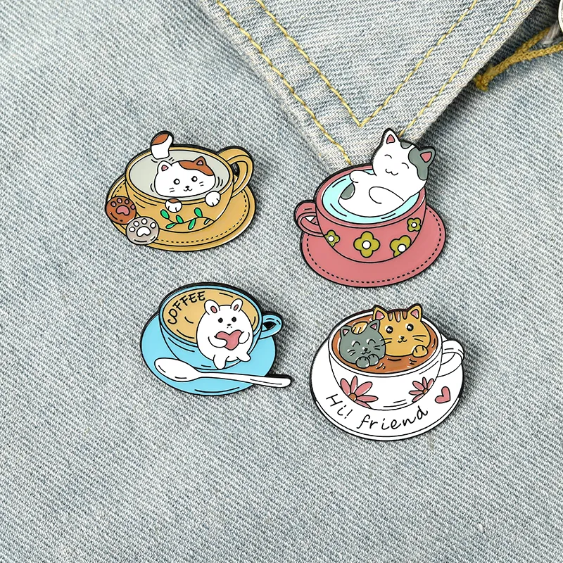 Tecknad söt teacup katt emalj pins färger söta olika typer roliga broscher för barn gåva lapel pins väskor kläder
