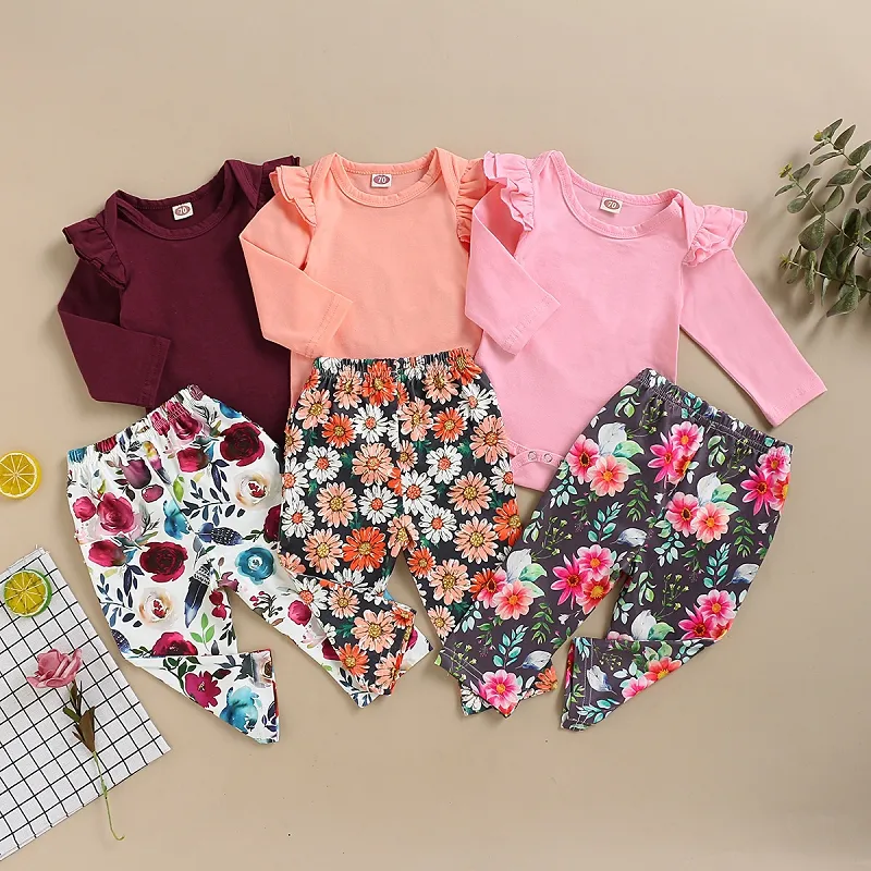 Ensemble de vêtements pour bébés filles, barboteuse unie à manches longues + pantalon à fleurs, 2 pièces/ensemble, costume d'automne, tenues Boutique pour enfants M2972