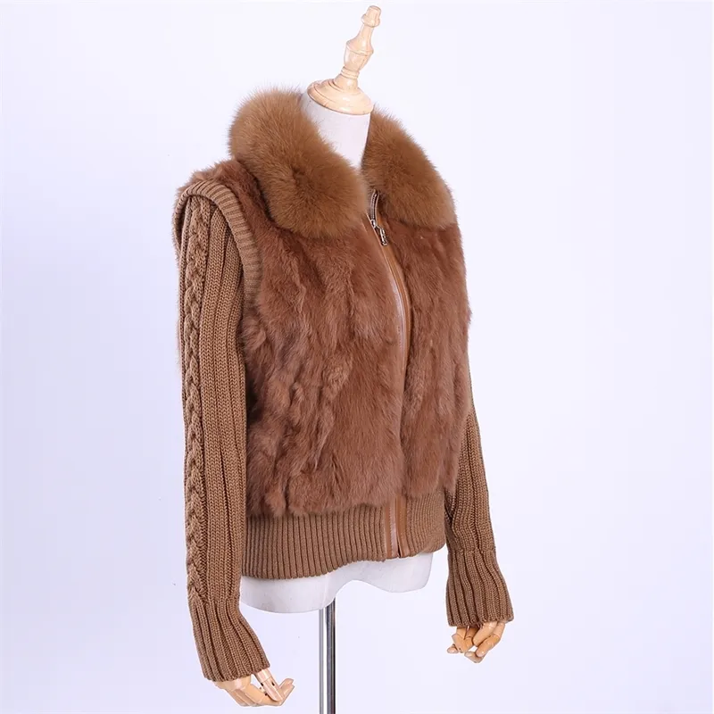 Kvinnors Äkta Real Rabbit Fur Fox Fur Collar Knitting Sleeve Kvinnors Vinterrock Fur Jacka Casual Short Outwear Slim 201031