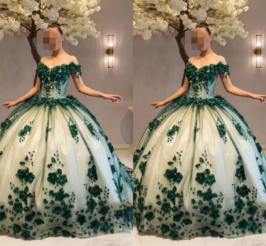 2023 ハンターグリーンヌードウエディングスイート 16 ドレス夜会服花柄 3D 花真珠ビーズオフショルダーキンセニエラドレスプラスサイズの女性