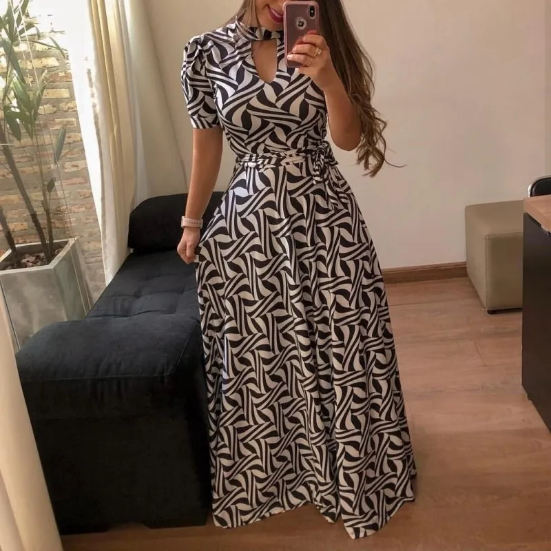 Vintage Floral Print Manga Curta Vestido Longo Verão Casual Slim Boho Maxi Dress Mulheres Elegante Belt Bodycon Party Vestido Vestidos T200613