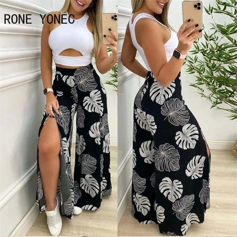 Kvinnor Solid Cut-Out Tank Top Tropical Print Split Wide Leg Pants Set Summer Suit 220221