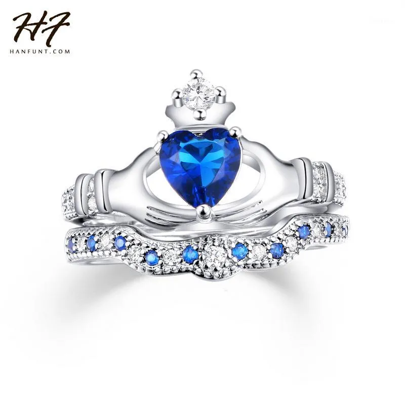 Кластерные кольца Оптом - Изысканная любовь дизайн Корона Рука сердца Clah-Duh Claddagh Кольцо набор Щепки Цвет синий CZ Кристалл для женщин R6161