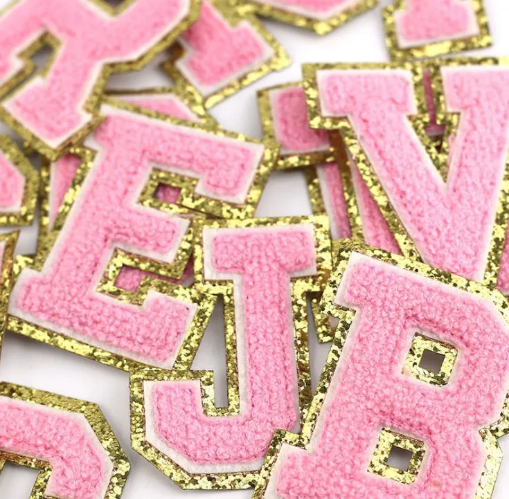 Mix Color Chenille Fabric Gold Glitter Letters Patches Towel Embroidery Rainbow Gritt Alphabet Iron on Lovely Sticker Name Clothing DIY Accessory SN6284