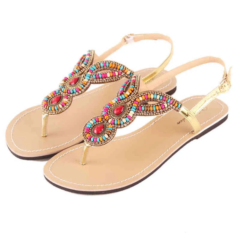 NEW Summer Retro String Bead Women Beach Sandals American Style Female Slipper Mulher T-Strap Flops Parent-Child Oversized Shoes X220214