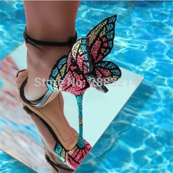 Nieuwste metalen geborduurde lederen sandalen engel vleugels pompen feestjurk bruids schoenen vlinder enkel wrap hoge hakken sandalen 0928