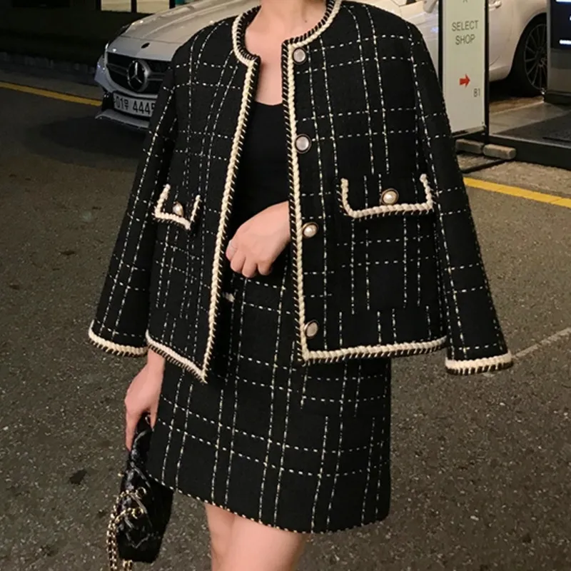 European Style Autumn Winter 2 Piece Set Women Short Woolen Tweed Jacket Coat & Bodycon Mini Skirt Set Women Two Piece Outfits 201106