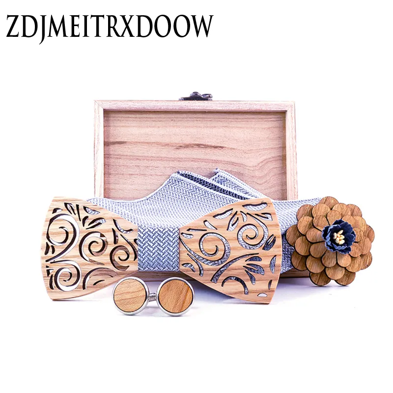 حفل زفاف أبيض جديد Bowtie Noeud Papillon Wooden Bow Tie Pajaritas Cravat Bowties Female Male Brooch Cufflinks Tie Set 201027