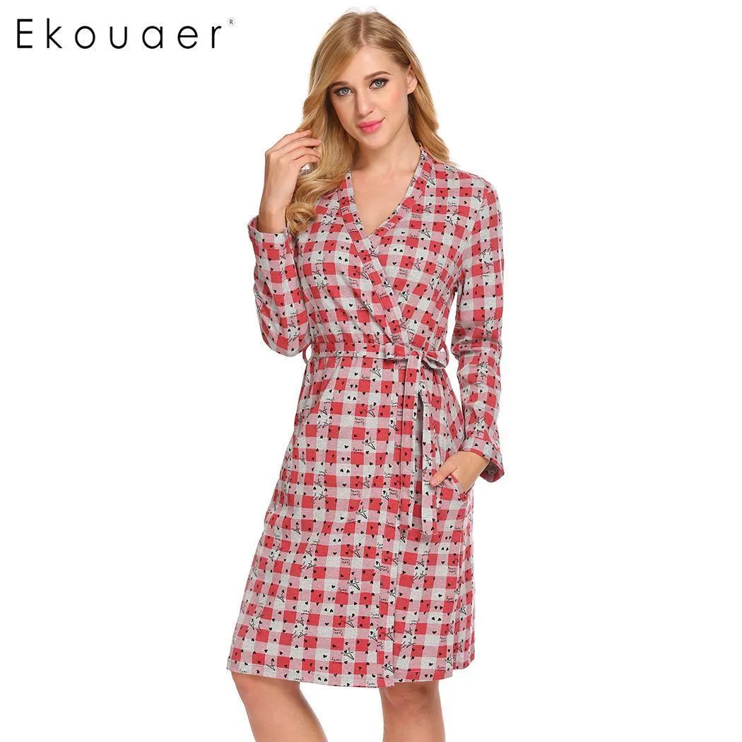 Ekouaer Femmes Coton Vêtements De Nuit Printemps Automne Robe Kimono Peignoir Plaid Imprimer À Manches Longues Robe De Chambre Femme Loungewear LJ200822