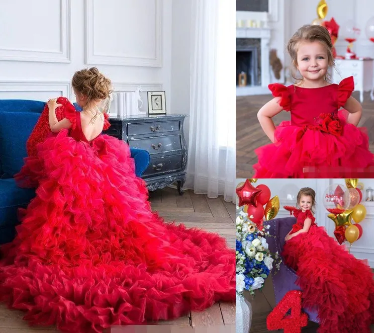 2021赤い花の女の子のドレスの上皮のボールガウンフリルの半袖ジュエルネックティアードスカートオーガンザハンドメイドの花誕生日パーティーウェア