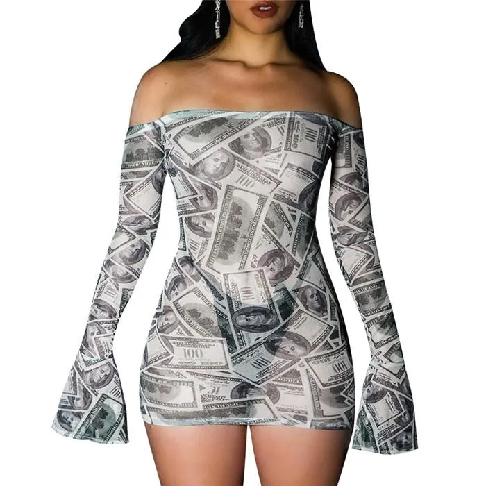 Kvinnors Dollar Slash Neck Dress Woman Flare Sleeve Bodycon Mesh Andas Sexig Klänning Kvinnor Slim Blackless Kläder