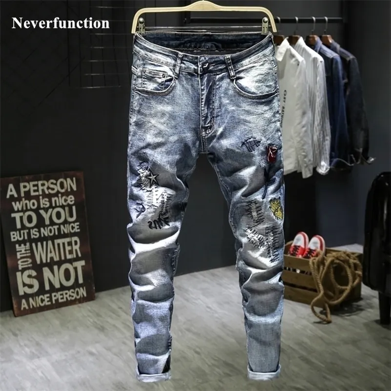 Hommes Ripped Hip hop broderie Slim fit Joggers jeans mode Casual streetwear homme coton Trous Moto Denim Pantalon 201111