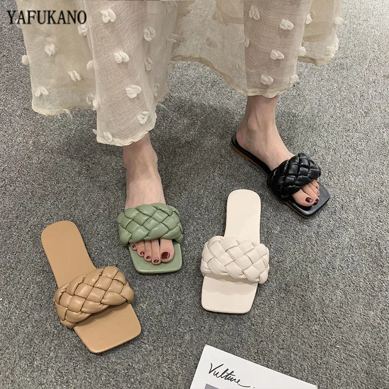 2020 New Brand Slippers Weave Leather Women Sandal Open Toe Flat Casual Slides Summer Outdoor Beach Female Flip Flops X1020