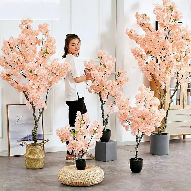 2m (6,6 pés) Altura Cor rosa flor artificial flor de cerejeira árvore com vaso set para casa mesa de sala de estar em vasos plantas DIY decorações de casamento