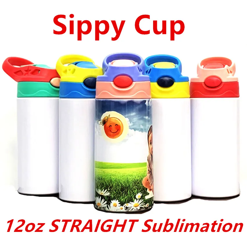 Wholesale! 12oz STRAIGHT Sippy Cups Sublimation Kids Mugs Stainless Steel Water Bottles Double Insulated Vacuum Drinking Milk Tumblers A12