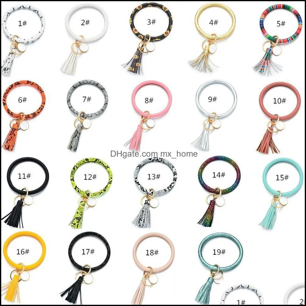 Fashion Multiple Styles Sun Flower/Flag Pattern key chain Leather Wrap Tassels Bracelets Keychain Wristlet Bracelet Tassel Keychains Round Bangle