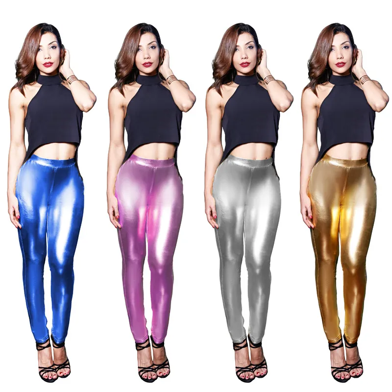 High Quality Women Glossy Shiny Metallic High Waist Pants PU